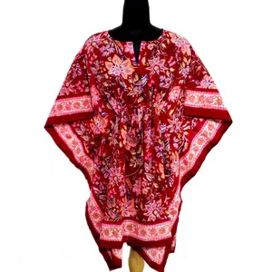 Hot Bán Kaftan Dresses Misty Red Độc Đáo Bãi Biển Ăn Mặc Miễn Phí Kích Thước Lady Chuỗi Tay Khối In Bông Kaftan Cho Bán