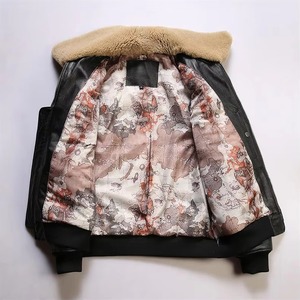 Veste aviateur en cuir de vachette G1 pour homme Offre Spéciale Veste en cuir brodée à col en fourrure d'agneau - Product Image 4