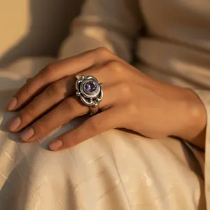 Anillo de Joyería Fina de Plata 925 con Baño de Rodio, con Piedra de Amatista Natural y Engaste de Bisel - Product Image 3