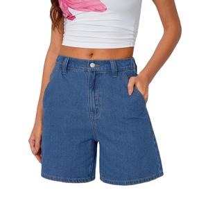 Trendy Mid <b>Waist</b> Straight Cut Womens <b>Jean</b> Shorts Fashion Outfits with Button Decor Casual Logo on <b>Waist</b> - Product Image 4