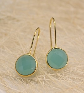 Soldes de la Saint-Valentin, argent sterling 925 massif plaqué or, chalcédoine aqua, pierre précieuse facettée de 8 mm, boucles d'oreilles pendantes vintage, cadeau de mariage - Product Image 4