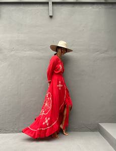 Vestido Maxi Bohemio Bordado, Lavable, sin Espalda, para Mujer, Manga Larga, Verano, Playa, Kaftán, Dobladillo Evase, Lazada con Borlas, Cintura Natural - Product Image 2