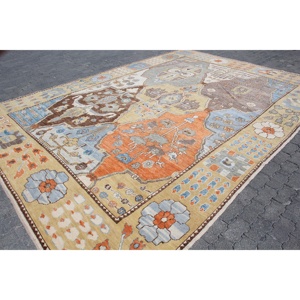 Alfombra Turca Extra Grande Ecológica de 10.3x14.4 pies, Alfombra Vintage de Lana Azul con Diseño de Patchwork, Base de Látex y Pelo Mediano - Product Image 3