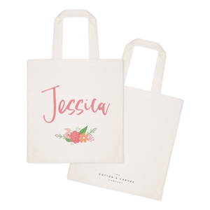 Sac fourre-tout en toile de coton personnalisé à ouverture et fermeture, motif floral aux couleurs printanières, couleur unie, avec option d'ajout de nom - Product Image 2