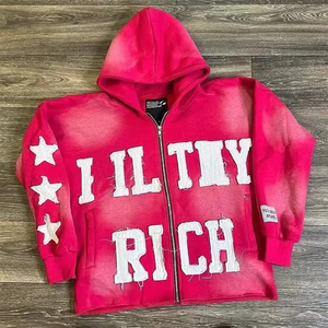 Sweat à capuche streetwear homme brodé personnalisé polaire vierge avec fermeture éclair Vintage double couche lavage à l'acide sweats à capuche délavés au soleil pour hommes - Product Image 4