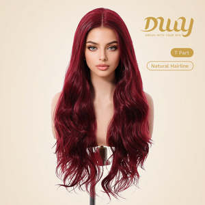 ROXY DWY Long Middle Lace Parting Wavy Synthetic <b>Wig</b> Red with Transparent Lace Color - Product Image 3