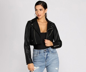 Women's Faux <b>Leather</b> <b>Long</b> Sleeve Zipper Up Moto Cropped <b>Leather</b> <b>Jacket</b> Women's Moto <b>Jacket</b> Biker PU <b>Leather</b> <b>Jacket</b> - Product Image 5