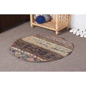 Tapis en laine vintage fait à la main 2.5 X 2.5ft (77x77cm) marron Beige Patchwork grande surface Rectangle Latex support pour couloir chambre décor - Product Image 3