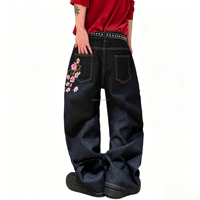Jeans vintage noirs délavés pour hommes, coupe large, style streetwear, pantalon baggy avec broderies