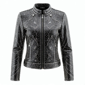 Chaqueta de motorista de cuero con diamantes de imitación de Letterman, ropa de moda para mujer, chaquetas de cuero con tachuelas plateadas para mujer - Product Image 2