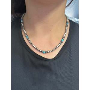 Navajo Strung Royston <b>Turquoise</b> & Sterling Silver Graduated <b>Beaded</b> Pearl Necklace - Product Image 2
