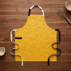 Yellow Canvas Heavy Duty Reusable Bib <b>Apron</b> with Adjustable Waist and Three Pockets for Cooking - Product Image 1