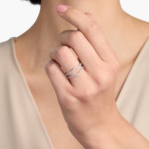 Luxury Double Chevron Diamond <b>Ring</b> for Women 14K White Gold <b>Open</b> Stackable Wedding Band Minimalist Fine Jewelry - Product Image 2