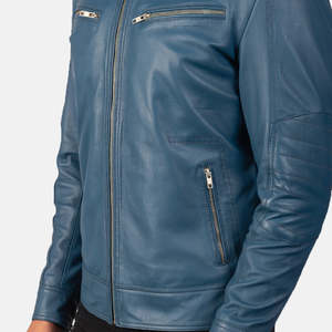 For Mack Vintage <b>Biker</b> <b>Jacket</b> Blue Genuine Sheepskin Lambskin Leather Reversible Zippered Closure Pattern Decoration High XS 6XL - Product Image 6