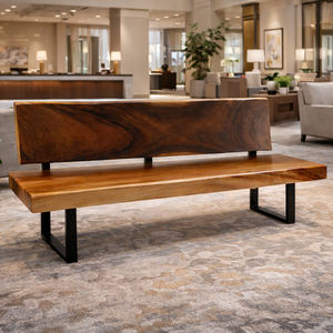 Banco de Madera Maciza de Suar / Monkey Pod con Respaldo y Patas de Metal, Hecho a Mano, Muebles Modernos de Estilo Industrial para Sala de Estar, Mejor Precio - Product Image 4