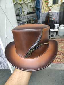 Brown Leather <b>Top</b> <b>Hat</b> <b>Steampunk</b> Zipper Costume <b>Hat</b> Two Tone Cosplay Cap for Party Stage Dress Up - Product Image 1