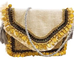 New Arrival Elegant Bohemian Women's Canvas Clutch <b>Bag</b> Handcrafted Jute Evening Handbag Chain Inspired Guru Kirpa Export - Product Image 1