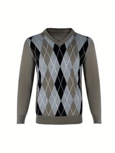 Suéter de Punto para Hombre, Estilo Y2K, Cuello en V, Manga Larga, Jacquard a Cuadros, Decoración con Logotipo, para Otoño e Invierno - Product Image 4