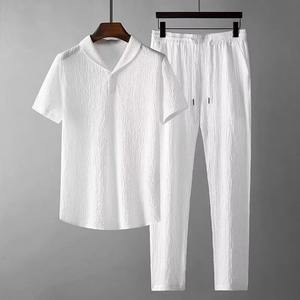 Summer Men 2 Piece Suits Short Sleeve shirt <b>Pants</b> Solid Color Polo Lapel Collar Button Elastic Waist <b>Trousers</b> Tracksuit - Product Image 2