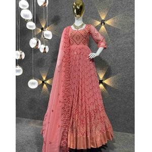 Diseñador de las mujeres Faux Georgette encaje borde Dupatta totalmente cosido largo bordado vestido indio bodas fiestas Material pesado - Product Image 1