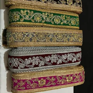 Keluaran baru Zardozi kain sutra seni bordir potongan dengan bunga bordir bunga payet Sari garis perbatasan gaun renda tas dekorasi