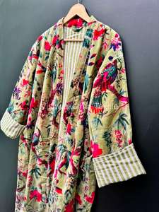 Vert oiseau imprimé tricoté velours hiver automne écologique épais femmes Kimono Robe respirant décontracté manteau matin thé maison - Product Image 3