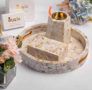 2025 Madre de perla incrustaciones Bakhoor quemador hueso incrustaciones Mabkhara | Quemador de incienso Ramadán decorativo Mubkhar con caja de bandeja de acrílico - Product Image 3