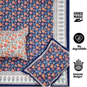Ensemble de literie traditionnel Jaipuri 100% coton bloc de main écologique imprimé motif floral bleu profond Orange pour refroidir n'importe quel 3 pièces - Product Image 4