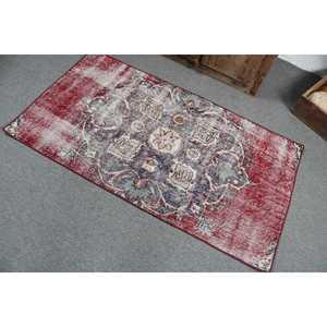 Vintage 2.6x4.9 ft Rug, Small Turkish Rug, <b>Red</b> Blue Ikat <b>Wool</b> Rug - Product Image 4