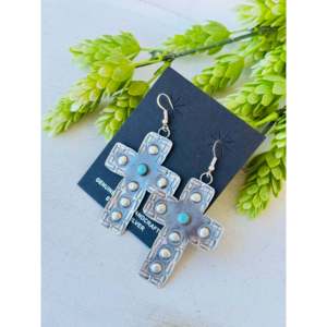 Tim Yazzie Kingman Turquoise & Sterling <b>Silver</b> <b>Drop</b> <b>Earrings</b> Dangle Cross Design for Christian Occasions Great Gift Idea - Product Image 4