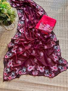Sari Georgette tradicional de alta calidad, estilo paquistaní sedoso con bordado de encaje para fiestas de boda, número de modelo elegante - Product Image 5