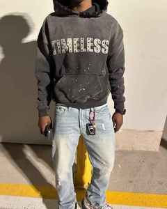 Personalizado 100% algodón French Terry Heavyweight ácido lavado desgastado Pull Hoodie hombres 6XL Premium Rhinestone pantalla bolsillo - Product Image 4