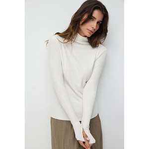 T-shirt à col montant en tricot côtelé pour femme, détail sur les doigts, coupe ajustée, longueur courte, respirant, en élasthanne, style décontracté sexy, taille XS - Product Image 4