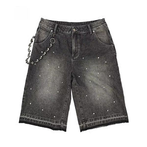 Gran oferta, pantalones cortos lavados Vintage personalizados, pantalones vaqueros, diseño de piedras preciosas, logotipo bordado, pantalones cortos vaqueros con diamantes de imitación para hombre - Product Image 1