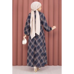 Navy Blue <b>Plaid</b> Pattern Hijab Modest <b>Dress</b> with Gathered Waist - Product Image 5