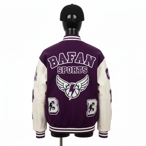 Veste universitaire pour femmes en laine mélangée de qualité supérieure, panneaux blancs et violets, manches en cuir PU, broderie de logo personnalisée, vestes universitaires pour femmes - Product Image 2