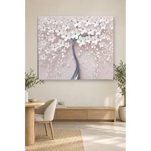 Impression sur toile Fida, arbre fleuri à tronc argenté sur fond rose - Product Image 1