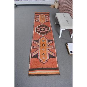 Vintage <b>Rug</b>, 2.4x10 ft <b>Runner</b> <b>Rug</b>, Orange Check Wool Turkish <b>Rug</b> - Product Image 1
