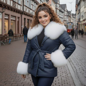 Blouson d'hiver pour femme en cuir véritable bleu avec col en fourrure, style motard, coupe-vent, fermeture éclair - Product Image 1