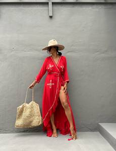 ชุดเดรสยาวปักลายสไตล์โบฮีเมียนสำหรับผู้หญิง แขนยาว ผ้าซักได้ ไม่มีสายรัดหลัง เหมาะสำหรับใส่ไปทะเลในฤดูร้อน ชายกระโปรงบาน มีพู่ผูกเอวแบบธรรมชาติ - Product Image 6