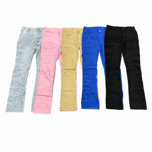 Pantalon Capri pour homme, taille haute, coupe régulière, en toile empilée, déchiré, coupe slim, patchwork, délavé, 100% coton, style streetwear - Product Image 1