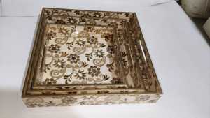 Artistic Wooden Tray Set with Enamel Print and Polished Gold Foil Finish Durable <b>Decorative</b> Serving Set Homes and Restaurants - Product Image 2