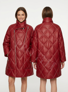 Manteau long en cuir matelassé personnalisé avec fermeture éclair croisée, col asymétrique isolé, chaud, tendance, vêtements d'extérieur d'hiver, manteaux matelassés - Product Image 5