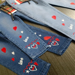 Girls Retro Washed Blue <b>Beaded</b> High-<b>Waisted</b> Wide-Leg Cotton Pants Summer Kids Floor-Length Jeans Bow Printed Embroidery Casual - Product Image 2