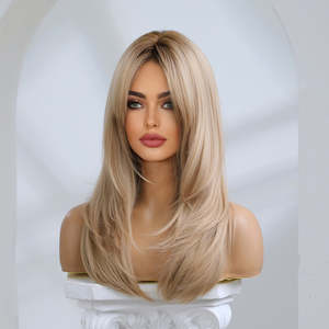 Mabel-DWY Premium Quality Synthetic Lace <b>Wig</b> Long Straight Dirty <b>Blonde</b> Side Bangs Transparent Lace Model Number Synthetic <b>Wig</b> - Product Image 3