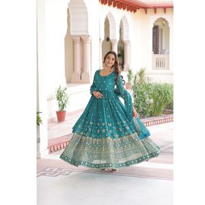 Vestido Anarkali de Cuello Redondo con Bordado de Lentejuelas, Estilo Rajasthani, para Venta de Exportación - Product Image 1