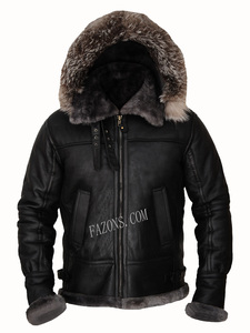 Men Casual Leather Hoodie Bomber Fur Shearling B3 Genuine Leather warm Filling Winter Removable Hood Biker <b>Sheepskin</b> <b>Jacket</b> OEM - Product Image 2