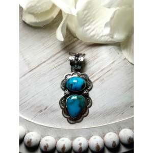 Delbert Secarero Kingman Turquoise & Sterling <b>Silver</b> Pendant with Bezel Setting Inlay Technology - Product Image 1
