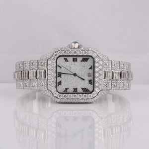 Luxurious Moissanite Diamond Hip Hop Quartz Watch Baguette Cut Roman Dial VVS Clarity Stainless Steel <b>Band</b> Square Case Analog - Product Image 1