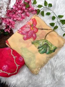 Georgette d'excellente qualité avec imprimés floraux et travail manuel Saree Femme Exportateur de mode et fournisseur de l'Inde - Product Image 6